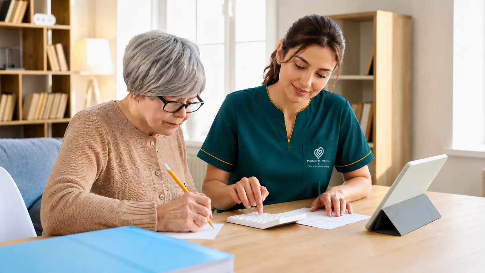 Caregiver helping senior woman with paperwork