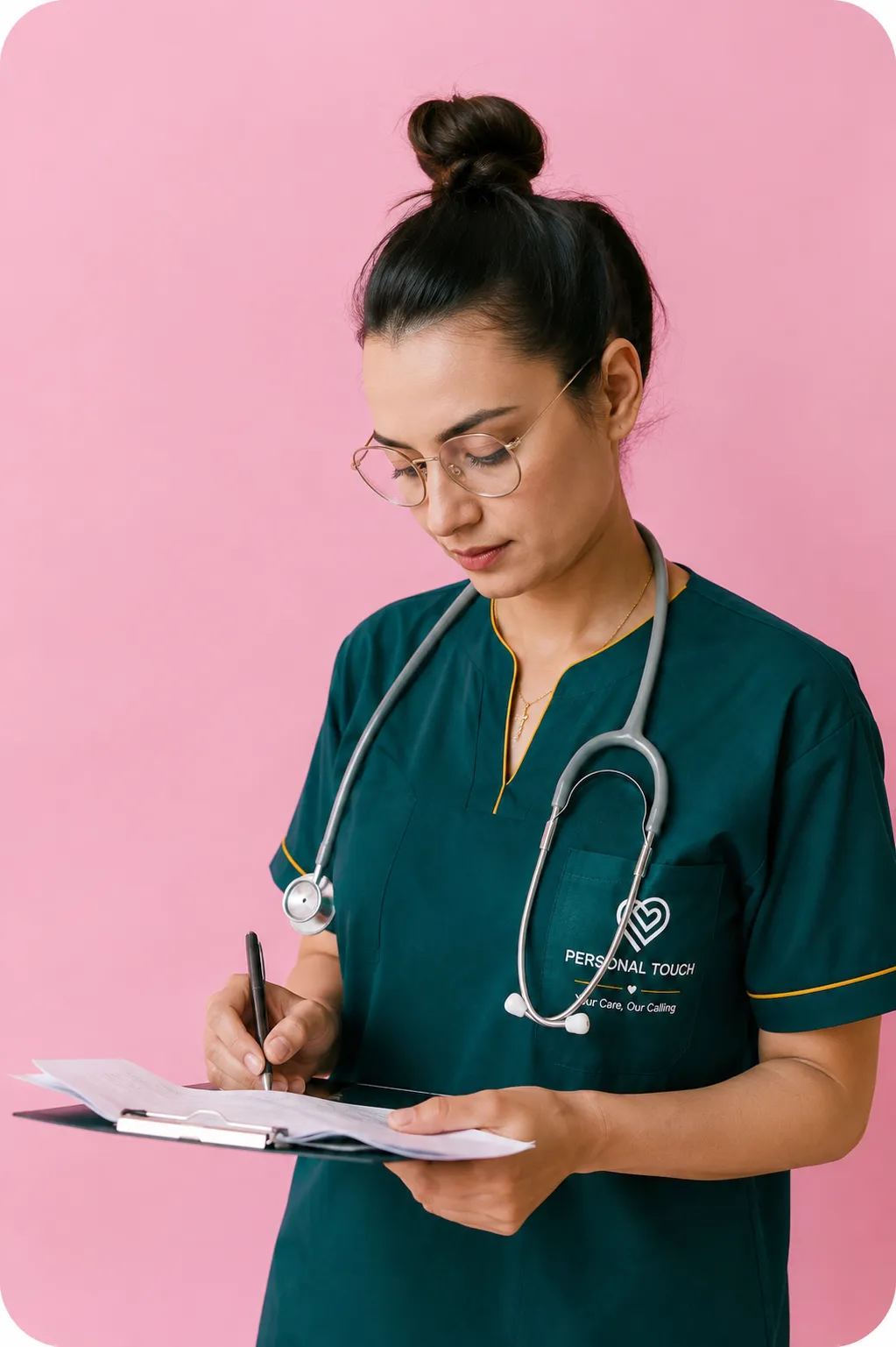 Caregiver reviewing notes