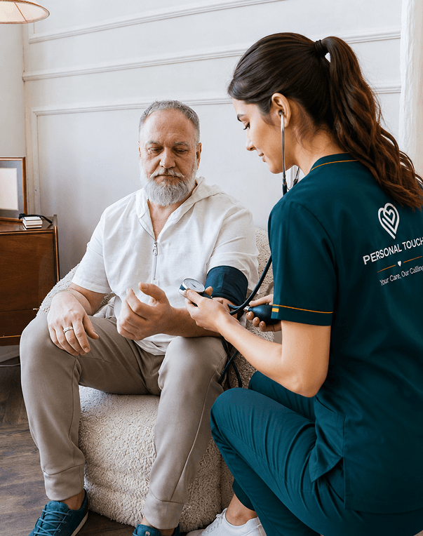 Caregiver taking senior client blood pressure